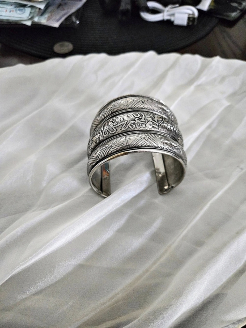 Indian Engraved Silver Cuff Bracelet Like New